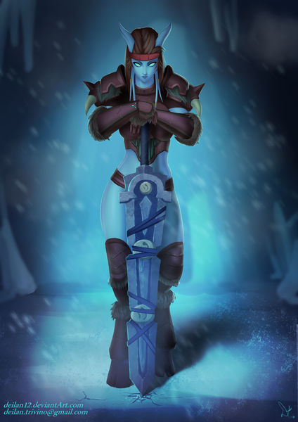 Anime picture 877x1240 with world of warcraft blizzard entertainment draenei deilan12 (artist) single long hair tall image looking at viewer blue eyes light erotic black hair standing pointy ears blue skin girl weapon sword armor spaulder (spaulders)