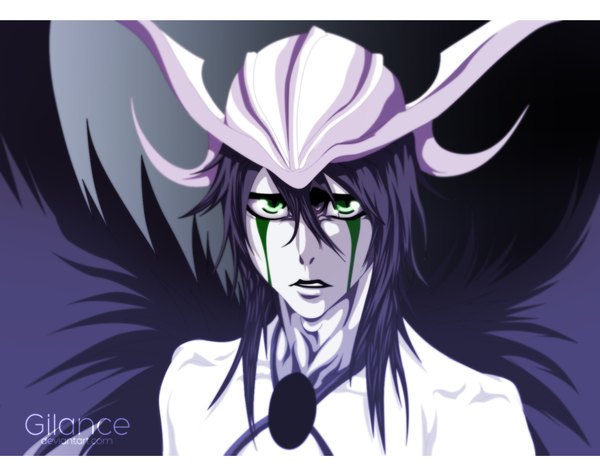 Anime picture 1600x1269 with bleach studio pierrot ulquiorra schiffer schwarrtz single long hair black hair green eyes coloring portrait face paint espada boy wings mask