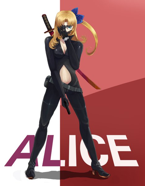 Anime picture 2552x3272 with original ??? (artist) single long hair tall image looking at viewer highres breasts blonde hair large breasts holding green eyes cleavage full body high heels character names side ponytail covering center opening covering face