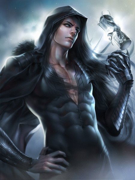 Anime picture 990x1320 with original zeilyan single long hair tall image blue eyes black hair looking away nail polish realistic from below hand on hip muscle boy hood clock single glove hourglass