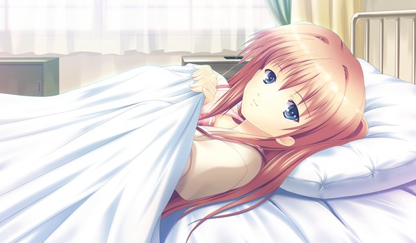 Anime picture 1024x600 with ping pong pantsu! nagase sena single long hair blue eyes wide image game cg lying orange hair girl pillow bed