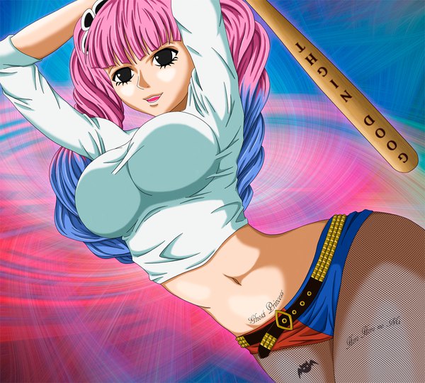 Anime picture 1000x900 with one piece batman toei animation dc comics harley queen perona ammsterdamn single long hair fringe breasts open mouth light erotic simple background large breasts standing twintails holding blue hair looking away