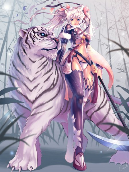 Anime picture 1024x1366 with foocon tall image twintails white hair girl thighhighs hair ornament weapon plant (plants) animal bamboo tiger