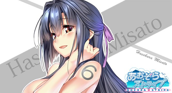 Anime picture 978x534 with aozora stripe hasekura misato piromizu single long hair looking at viewer blush fringe breasts open mouth light erotic black hair hair between eyes red eyes wide image large breasts :d copyright name character names portrait