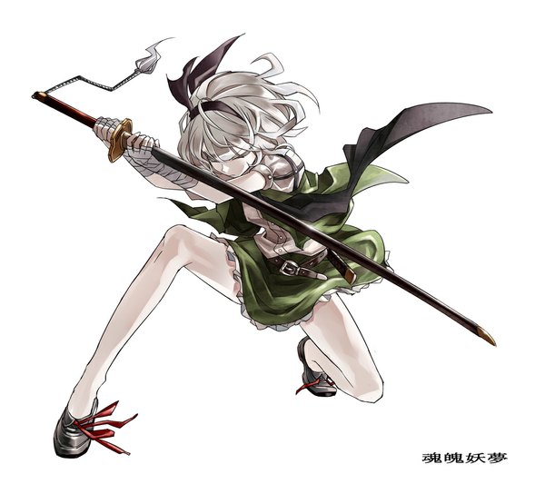 Anime picture 1063x945 with touhou konpaku youmu kozou single short hair simple background white background silver hair eyes closed open clothes bare legs puffy sleeves girl skirt ribbon (ribbons) weapon hair ribbon sword hairband katana