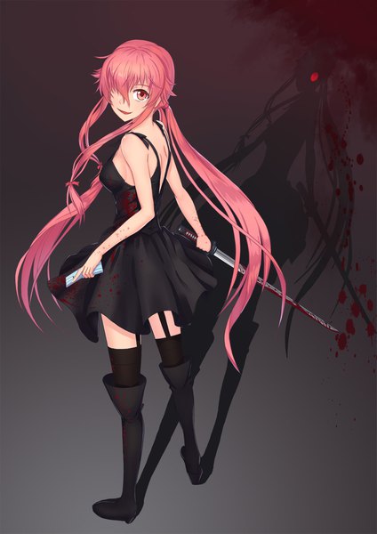 Anime picture 1240x1754 with mirai nikki gasai yuno anarchojs single long hair tall image looking at viewer blush fringe breasts smile standing twintails holding pink hair full body pink eyes looking back hair over one eye shadow