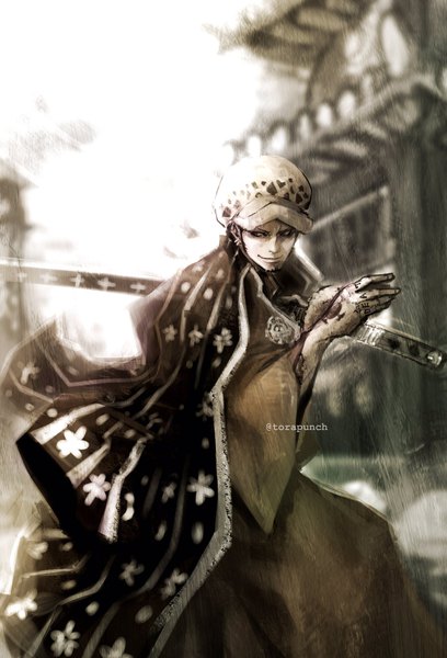 Anime picture 1392x2048 with one piece toei animation trafalgar law torapunch single tall image short hair black hair smile standing holding signed looking away outdoors traditional clothes japanese clothes black eyes wide sleeves tattoo twitter username