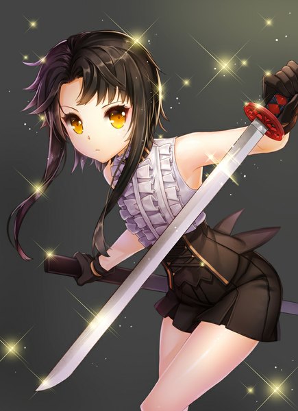 Anime picture 700x964 with sword girls sita vilosa keikazz single long hair tall image looking at viewer short hair black hair simple background standing bare shoulders yellow eyes bare legs leaning leaning forward dark background shiny girl gloves