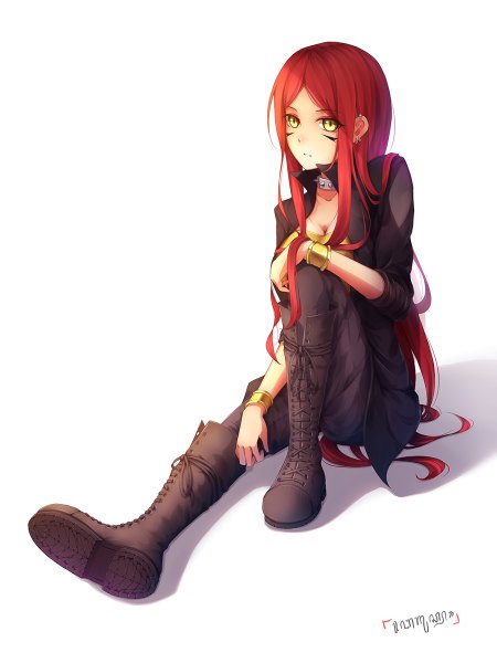 Anime picture 900x1200 with original dmith (baguscasbon) single long hair tall image simple background white background yellow eyes bent knee (knees) red hair tattoo piercing girl boots bracelet thigh boots cloak collar cross-laced footwear