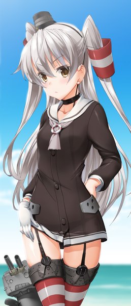 Anime picture 1024x2381 with kantai collection amatsukaze destroyer byeontae jagga single long hair tall image looking at viewer blush brown eyes white hair two side up translucent girl thighhighs gloves weapon hat white gloves hair tubes sailor suit