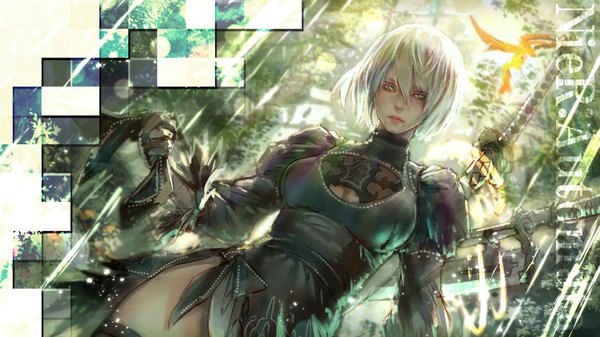 Anime picture 3840x2160 with nier nier:automata yorha no. 2 type b kaburagi yasutaka single fringe highres short hair hair between eyes wide image holding green eyes looking away absurdres silver hair mole from below dutch angle copyright name side slit