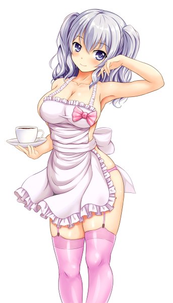 Anime picture 687x1200 with kantai collection kashima training cruiser kishimen single long hair tall image looking at viewer blush breasts blue eyes light erotic smile white background silver hair naked apron girl thighhighs apron cup