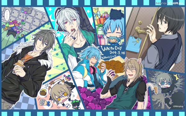 Anime picture 1920x1200 with togainu no chi dramatical murder lamento sweet pool nitro+chiral aoba (dmmd) konoe youji sakiyama naitou-kun long hair highres short hair open mouth blue eyes black hair blonde hair smile red eyes animal ears blue hair