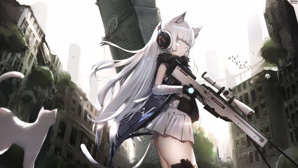 Anime picture 3840x2160 with girls frontline awp (girls frontline) (nekoya (liu)) nekoya (liu) single long hair looking at viewer fringe highres blue eyes light erotic wide image holding animal ears absurdres outdoors white hair tail blunt bangs animal tail cat ears