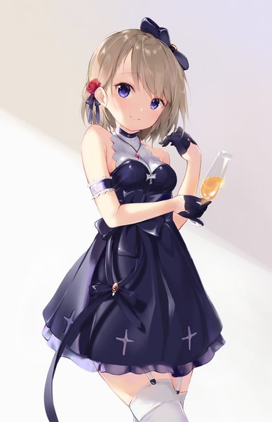 Anime picture 1100x1700 with azur lane z23 (azur lane) z23 (the banquet's honor student) (azur lane) t-bth single tall image looking at viewer blush fringe short hair breasts simple background smile brown hair standing purple eyes bare shoulders holding hair flower sleeveless
