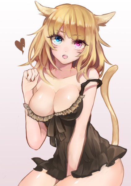 Anime picture 955x1350 with final fantasy final fantasy xiv square enix miqo'te yok01 single long hair tall image looking at viewer fringe breasts open mouth blue eyes light erotic simple background blonde hair large breasts sitting bare shoulders animal ears