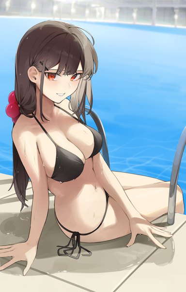 Anime picture 2159x3371 with original star741 single long hair tall image looking at viewer fringe highres breasts light erotic smile red eyes brown hair large breasts sitting cleavage blunt bangs parted lips arm support wet