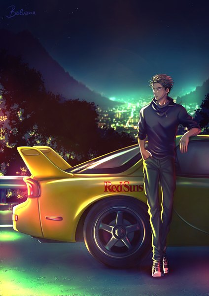 Anime picture 1488x2105 with initial d mazda mazda rx-7 takahashi keisuke balvana single tall image short hair brown hair standing looking away full body outdoors night mountain hand in pocket boy ground vehicle car