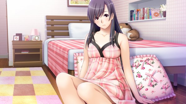 Anime picture 1920x1080 with sister scheme 2 (game) yanagawa amane ino single long hair highres black hair red eyes wide image game cg girl bed sundress