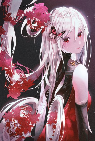 Anime picture 1000x1476 with original isobe47 single tall image looking at viewer blush fringe breasts hair between eyes red eyes standing silver hair very long hair looking back hair flower from behind tears happy tears girl dress
