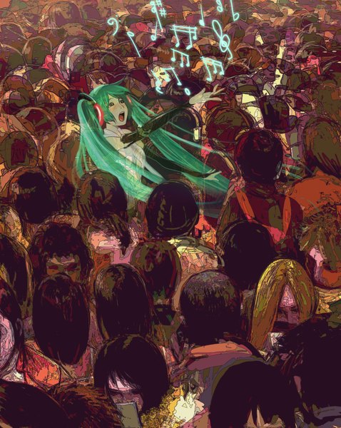 Anime picture 1240x1555 with vocaloid hatsune miku asahi (pixiv) long hair tall image blush open mouth twintails green hair grey eyes outstretched arm ghost singing girl detached sleeves headphones musical note crowd