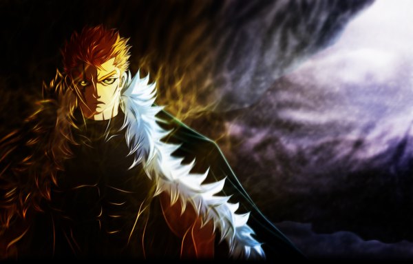 Anime picture 2528x1617 with fairy tail laxus dreyar deohvi single highres short hair blonde hair brown eyes coloring scar muscle boy fur cloak