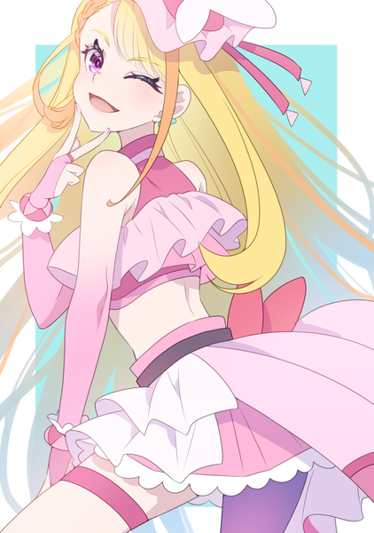 Anime picture 978x1389 with precure hirogaru sky! precure toei animation hijiri ageha cure butterfly osarutukamaeru single long hair tall image looking at viewer open mouth blonde hair purple eyes one eye closed wink midriff border victory ;d outside border