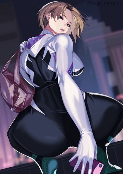 Anime picture 1736x2456 with marvel comics spider-man (series) spider-man: into the spider-verse gwen stacy spider-gwen kagematsuri single tall image looking at viewer blush fringe highres short hair breasts blue eyes light erotic blonde hair holding full body outdoors