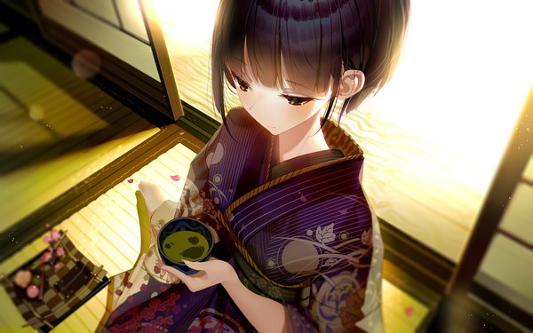 Anime picture 1920x1200 with original atha (leejuiping) single blush fringe highres short hair black hair sitting holding brown eyes ponytail blunt bangs fingernails from above depth of field wallpaper lens flare floral print looking down