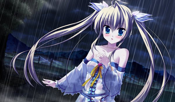 Anime picture 2048x1200 with angel ring mika alsted heine yamakaze ran highres blue eyes wide image twintails ahoge white hair night rain girl detached sleeves