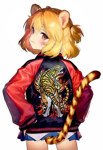 Anime picture 1000x1450 with original ainy single tall image looking at viewer blush fringe short hair simple background blonde hair hair between eyes white background brown eyes animal ears tail nail polish animal tail looking back from behind one side up