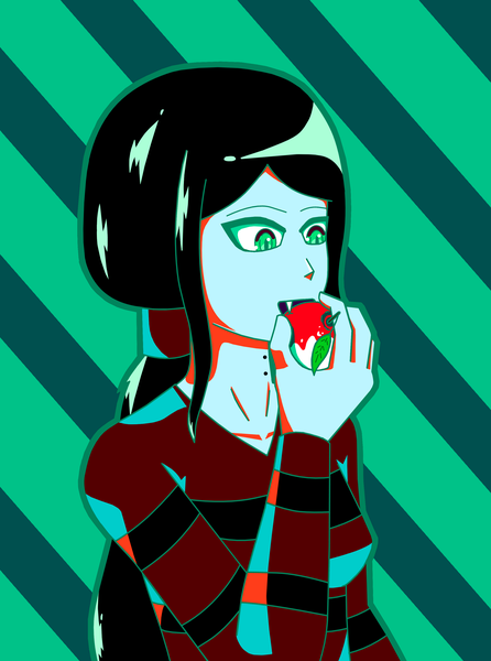 Anime picture 2481x3335 with adventure time marceline (adventure time) fenno7 single long hair tall image fringe highres black hair holding green eyes looking away upper body ponytail blunt bangs fang (fangs) vampire striped background outline alternate eye color