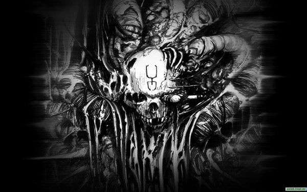 Anime picture 1280x800 with blame! wide image monochrome demon skull
