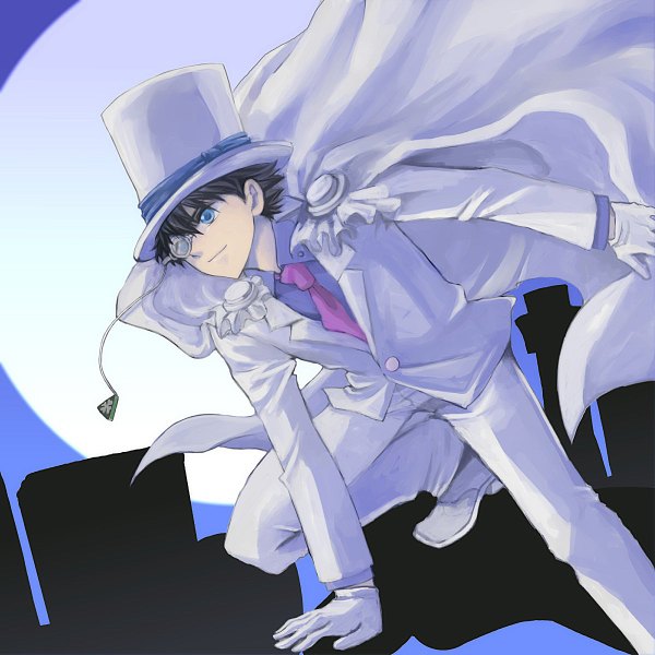 Anime picture 1200x1200 with detective conan magic kaito kaito kid tukise (pixiv) short hair brown hair purple eyes night boy gloves hat necktie moon pants cloak suit card (cards) top hat monocle