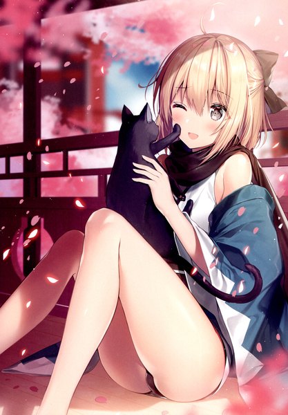 Anime picture 3208x4619 with fate (series) fate/grand order koha-ace okita souji (fate) (all) okita souji (koha-ace) necomi (gussan) single tall image blush fringe highres short hair open mouth light erotic blonde hair smile hair between eyes sitting holding absurdres