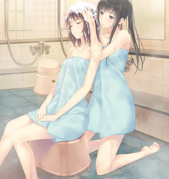 Anime picture 1280x1354 with flowers (innocent grey) innocent grey shirahane suou kousaka mayuri tagme (artist) long hair tall image short hair light erotic black hair brown hair multiple girls game cg ponytail eyes closed shoujo ai naked towel girl 2 girls towel