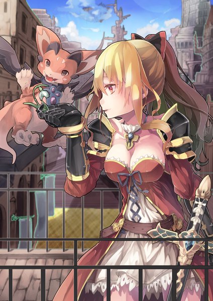 Anime picture 1496x2116 with granblue fantasy vira lilie vee (granblue fantasy) saraki single long hair tall image breasts blonde hair red eyes standing looking away sky cleavage ponytail profile girl bow weapon hair bow
