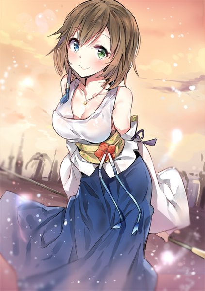 Anime picture 696x987 with final fantasy final fantasy x square enix yuna (ff10) yuran (cozyquilt) single tall image looking at viewer blush short hair breasts blue eyes smile brown hair green eyes sky heterochromia hands behind back girl skirt