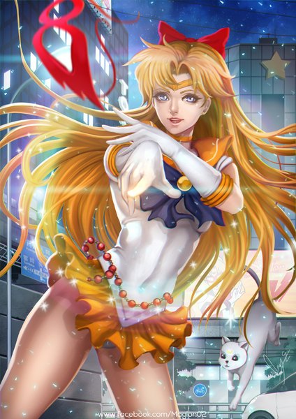 Anime picture 800x1131 with bishoujo senshi sailor moon toei animation aino minako sailor venus magion02 single long hair tall image looking at viewer fringe breasts blue eyes light erotic blonde hair standing light smile realistic night girl boy