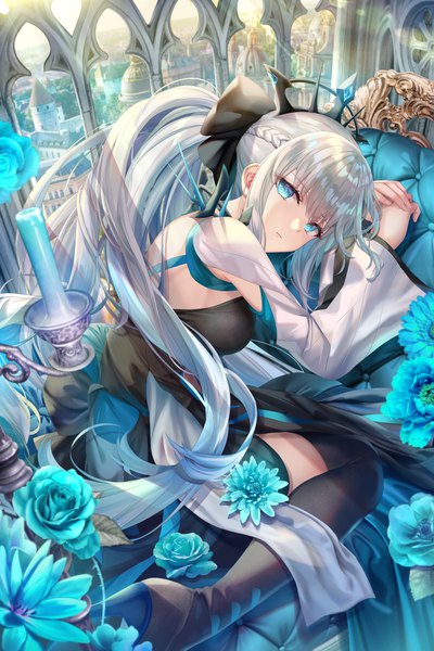 Anime picture 6000x9003 with fate (series) fate/grand order morgan le fay (fate) torino aqua single tall image looking at viewer fringe highres breasts blue eyes payot absurdres silver hair bent knee (knees) ponytail indoors lying blunt bangs braid (braids)