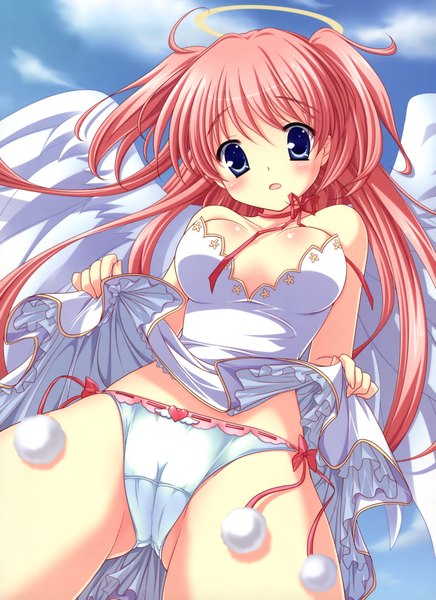 Anime picture 3281x4510 with yuyi single long hair tall image blush highres breasts blue eyes light erotic pink hair absurdres cleavage cameltoe dress lift girl underwear panties halo