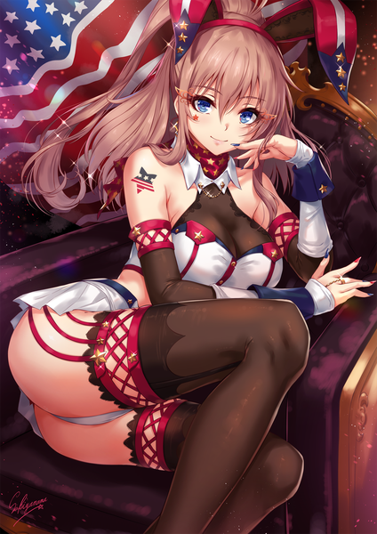 Anime picture 1200x1697 with kantai collection saratoga (kantai collection) sakiyamama single long hair tall image looking at viewer blush fringe breasts blue eyes light erotic smile hair between eyes brown hair sitting bare shoulders signed animal ears cleavage