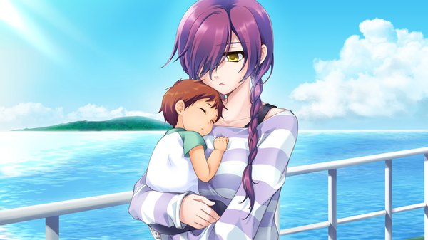 Anime picture 1280x720 with astraythem ginta long hair wide image yellow eyes game cg purple hair cloud (clouds) braid (braids) girl child (children)