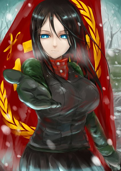 Anime picture 800x1131 with girls und panzer nonna (girls und panzer) mimit single long hair tall image looking at viewer breasts blue eyes black hair wind outstretched arm snowing winter snow exhalation bare tree girl gloves uniform