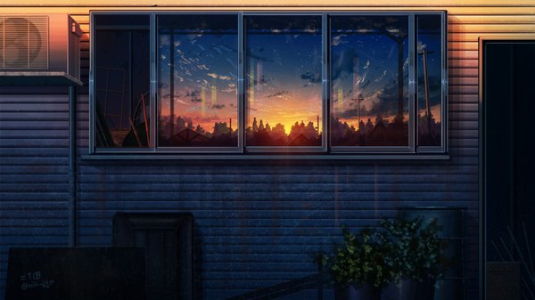 Anime picture 1500x844 with original niko p wide image sky cloud (clouds) evening reflection sunset horizon no people twilight plant (plants) window building (buildings) house power lines