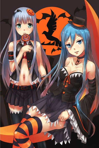 Anime picture 1378x2039 with aoki hagane no arpeggio takao (aoki hagane no arpeggio) iona arpeggio kaga long hair tall image looking at viewer blue eyes multiple girls blue hair halloween girl thighhighs dress navel hair ornament 2 girls hat detached sleeves striped thighhighs