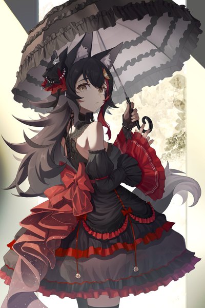 Anime picture 3000x4500 with virtual youtuber hololive ookami mio toga (toganawa) single long hair tall image looking at viewer fringe highres black hair hair between eyes standing animal ears yellow eyes multicolored hair streaked hair turning head lolita fashion wolf ears