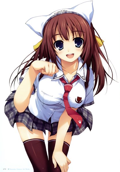 Anime picture 4970x7118 with original tomose shunsaku single long hair tall image looking at viewer blush highres open mouth blue eyes simple background brown hair white background absurdres scan girl thighhighs skirt uniform black thighhighs