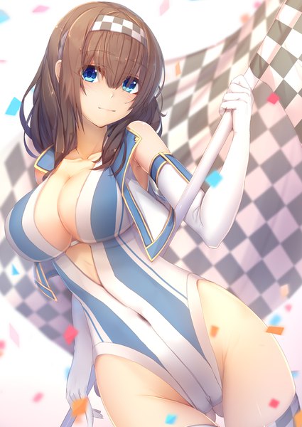 Anime picture 1500x2118 with idolmaster idolmaster cinderella girls sagisawa fumika if (asita) single long hair tall image looking at viewer blush fringe breasts blue eyes light erotic simple background smile hair between eyes brown hair large breasts standing bare shoulders