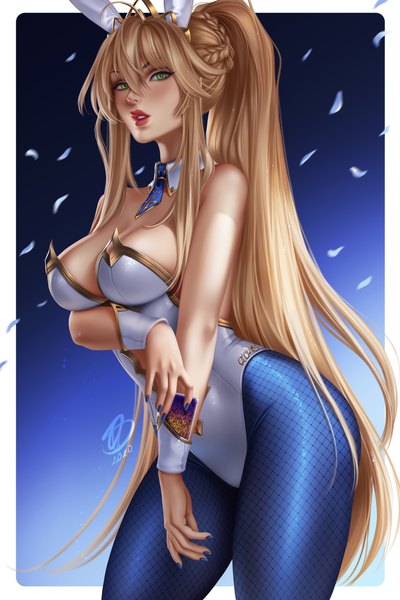 Anime picture 3333x5000 with fate (series) fate/grand order artoria pendragon (all) artoria pendragon (swimsuit ruler) (fate) olchas single long hair tall image looking at viewer blush fringe highres breasts light erotic simple background blonde hair hair between eyes large breasts standing green eyes